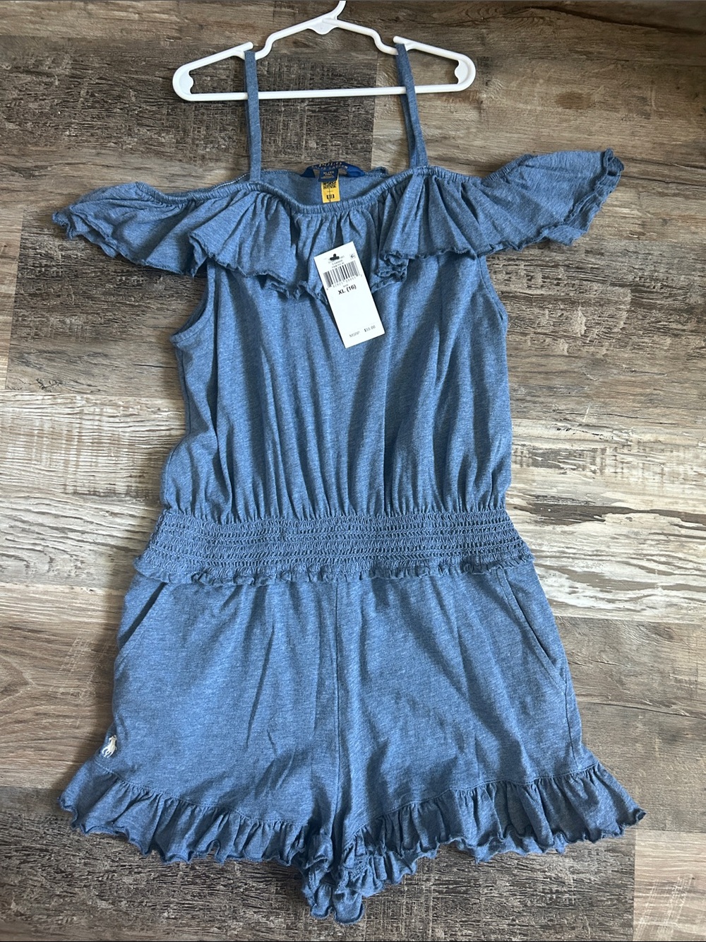 NWT Polo by Ralph Lauren Blue Ruffle-Trim Romper XL